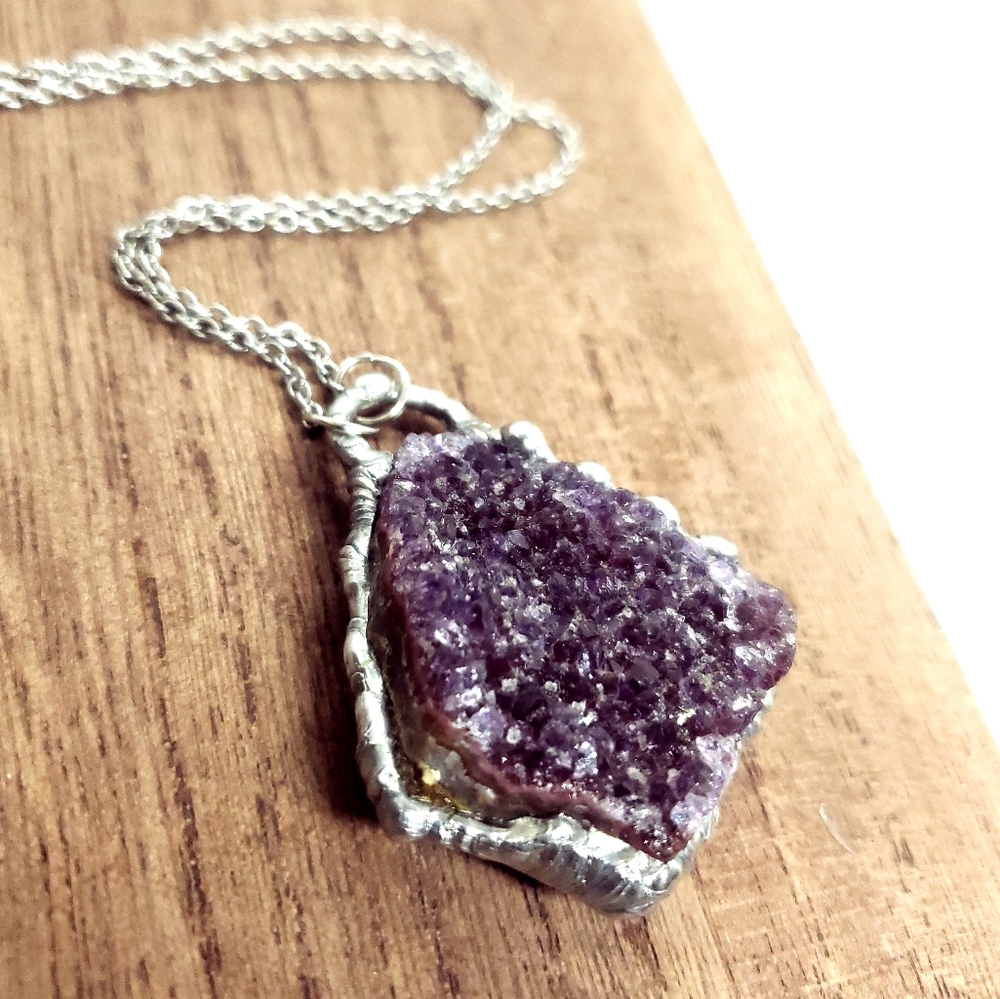 Purple amethyst druzy crystal Necklace handmade gothic fantasy metalwork